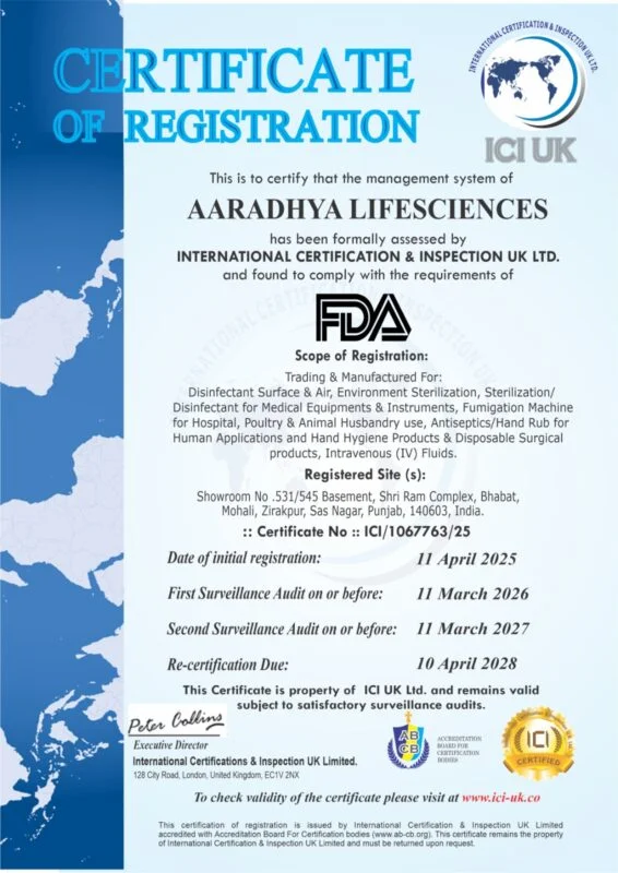 FDA certificate Aaradhya Life Sciences pharmaceutical product compliance