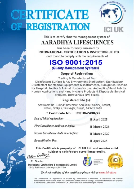 ISO 9001:2015 certificate Aaradhya Life Sciences quality management system