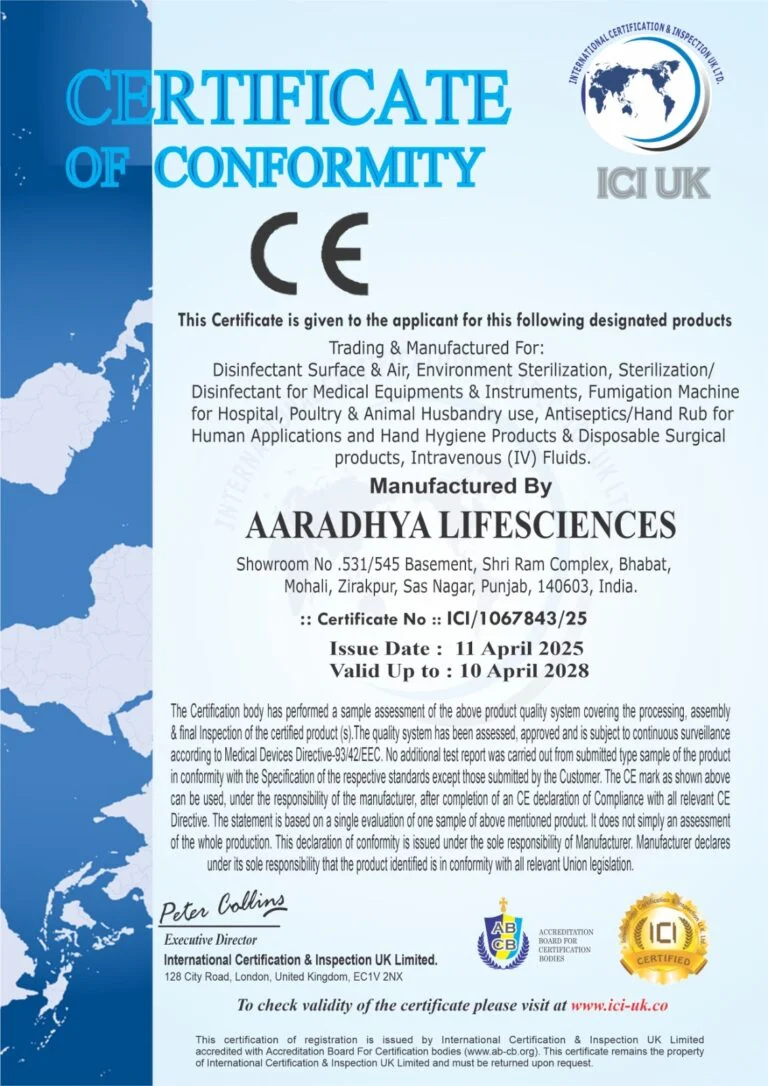 certificate of conformity ICI UK Aaradhya Life Sciences disinfectant manufacturing standards
